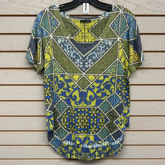 Nally & Millie Blue and Green Mosaic Short Sleeve Top - Picture 1 of 8